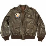 Custom A2 leather flight jacket front view with patches and flap pockets, private label manufacturer