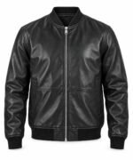 Classic black leather bomber jacket front view with silver zip and paneled front, wholesale supplier