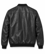 Custom black leather bomber jacket back view with yoke seam and ribbed hem by Wani Wear