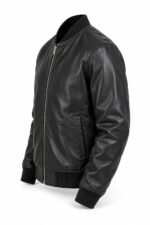 Black leather bomber jacket side view with rib collar and welt pocket, private label manufacturer