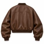 Cropped vintage leather bomber jacket back view with yoke seam and ribbed hem, OEM manufacturer