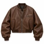 Brown leather bomber jacket front view with quilted placket and Wani Wear logo, private label manufacturer