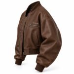 Custom vintage leather bomber jacket side view with rib collar and chest zip pocket by Wani Wear