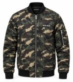 Woodland camo bomber jacket front view with silver zip and Wani Wear logo, private label manufacturer