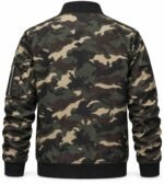 Custom camo bomber jacket back view with black ribbed collar and hem, OEM manufacturer