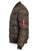 Camo bomber jacket side view showing MA-1 sleeve pocket and branded zipper pull