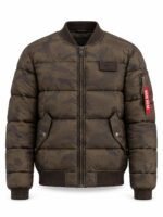 Custom camo puffer bomber jacket front view with metal zipper, chest patch and red Wani Wear pull tab