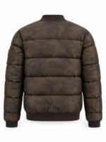 Quilted camo puffer bomber jacket back view with ribbed collar, cuffs and hem