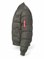 Side view of custom MA-1 bomber jacket showing utility sleeve pocket and branded tag