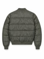 Back of olive quilted MA-1 flight jacket with rib collar, cuffs and hem