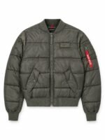 Front of custom MA-1 bomber jacket with chest patch, flap pockets and red zip tag