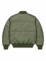 Back view of olive quilted bomber jacket with ribbed collar and hem, private label