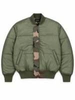 Front of custom puffer bomber jacket with camo placket and Wani Wear chest embroidery