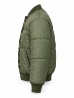 Side view of olive custom puffer bomber jacket with ribbed cuffs and quilted sleeves