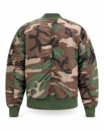 Back view of custom camo bomber jacket in woodland print with green rib trims and chest embroidery