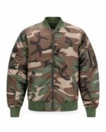 Front of custom camo bomber jacket in woodland print with green rib trims and chest embroidery