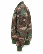 Side view of woodland camo MA-1 flight jacket showing zip utility sleeve pocket and pen slots