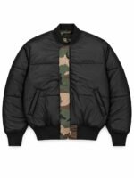 Custom puffer bomber jacket in black with woodland camo placket and embroidered Wani Wear logo