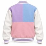 Back of private label varsity jacket with pastel color-block wool body and striped rib-knit hem