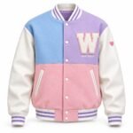 Custom pastel color-block varsity jacket with chenille W patch and leather sleeves by Wani Wear custom varsity jacket manufacturer