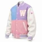 Wholesale pastel letterman jacket in blue, lavender, and pink wool with cream leather sleeves