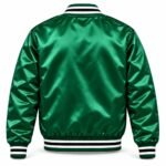 Back of custom satin varsity jacket with plain panel for team name and logo printing