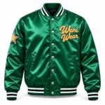 Custom satin varsity jacket in green with chenille Wani Wear chest logo and striped rib-knit trims