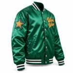 Green satin varsity jacket side view showing chenille star sleeve patch and metal snap buttons