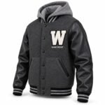 Wholesale hooded letterman jacket with grey fleece hood, snap buttons and striped rib trims