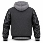 Back view of custom wool and leather varsity jacket with plain panel for team lettering