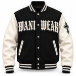 Custom varsity jackets wholesale black wool and cream leather letterman jacket with Old English chenille lettering