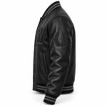 Side view of black leather letterman jacket with embossed laurel sleeve badge