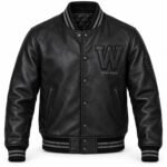 Custom black leather varsity jacket with tonal W chest patch and striped rib collar by Wani Wear