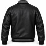 Back of all black custom leather varsity jacket with striped rib waistband and back neck logo
