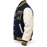 Side profile of custom wool varsity jacket with genuine cream leather sleeves and striped rib knit cuffs