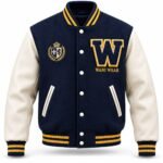 Custom navy and cream varsity jacket with chenille W patch and embroidered crest by Wani Wear