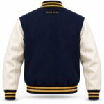 Back of navy wool letterman jacket with embroidered Wani Wear logo and gold striped waistband