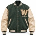 Custom vintage varsity jacket in green wool with cream leather sleeves and W chenille patch by Wani Wear