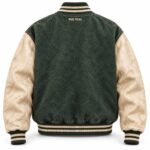 Back of green wool letterman jacket with cream leather sleeves and embroidered Wani Wear logo