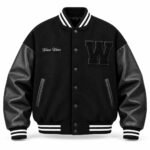 Custom black varsity jacket with leather sleeves and chenille W patch by Wani Wear manufacturer