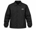 Front view of black nylon coach jacket with snap buttons and Wani Wear chest logo print