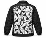 Back view of custom printed coach jacket with large white geometric graphic print by Wani Wear