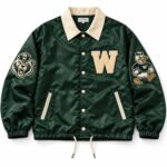 Front view of custom varsity coach jacket with chenille patches by Wani Wear manufacturer