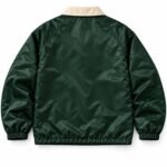 Back view of green satin coach jacket with raglan sleeves and cream contrast collar