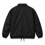 Back view of black custom coach jacket with elastic cuffs and adjustable drawcord hem, wholesale manufacturer