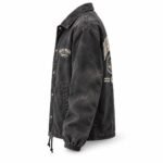 Side view of vintage washed custom coach jacket showing raglan sleeve, snap buttons, welt pocket and drawstring hem