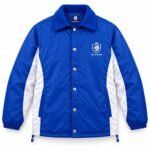 Royal blue custom team coach jacket front with sherpa collar, snap buttons and club crest logo