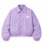 Lavender custom cropped coach jacket front with snap buttons, collar and puff print chest logo