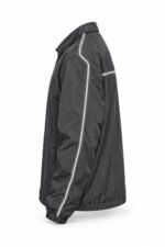ide view of black ripstop coach jacket with reflective sleeve piping