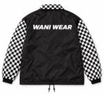 Back of custom coach jacket with large Wani Wear logo print